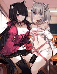  2girls animal_ear_fluff animal_ears black_choker black_hair black_skirt black_thighhighs blue_eyes bra breasts cat_ears choker classroom cleavage cross date_a_live frilled_bra frilled_panties frills garter_straps grey_hair hair_ornament hair_over_one_eye hairclip indoors juliet_sleeves long_hair long_sleeves looking_at_viewer medium_breasts miniskirt multiple_girls navel no_pants off_shoulder open_clothes open_shirt panties parted_lips pleated_skirt puffy_sleeves red_choker red_eyes red_shirt shirt short_hair side-tie_panties skirt smile stomach thighhighs thighs tobiichi_origami tokisaki_kurumi underwear very_long_hair white_bra white_panties white_shirt wide_sleeves yadapot zettai_ryouiki 