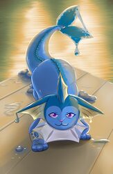  2017 3_toes absurd_res ambiguous_gender blue_body blue_fur detailed_background digital_media_(artwork) eeveelution feet feral fur generation_1_pokemon hi_res looking_at_viewer mewscaper nintendo outside pink_nose pokemon pokemon_(species) purple_eyes quadruped solo tail toes vaporeon water wet 