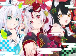  3girls absurdres ahoge animal_ears ao_no_kitsune ayafubumi_(hololive) bad_id bad_pixiv_id black_hair black_shirt commentary_request crop_top detached_sleeves fox_ears fox_girl fox_shadow_puppet green_eyes grin hair_between_eyes hair_ornament hairclip highres hololive horns index_finger_raised japanese_clothes kimono long_hair looking_at_viewer mask mask_on_head multicolored_hair multiple_girls nakiri_ayame nakiri_ayame_(1st_costume) oni_mask ookami_mio ookami_mio_(1st_costume) open_mouth pointing pointing_at_viewer red_eyes red_hair red_kimono shirakami_fubuki shirakami_fubuki_(1st_costume) shirt sidelocks skin-covered_horns smile streaked_hair virtual_youtuber white_hair white_hood wolf_ears wolf_girl yellow_eyes 