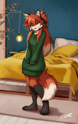  2022 4_toes anthro barefoot canid canine clothed clothing countershade_face countershade_fur countershade_torso countershading detailed_background digital_media_(artwork) dragonfu feet female fox fur green_eyes hair hi_res inside mammal nora_leslie orange_hair shaded solo standing sweater text toes topwear 