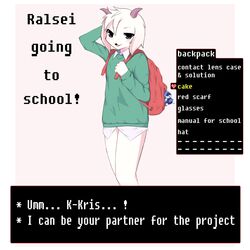  1:1 2021 anthro backpack black_eyes blush bovid caprine clothed clothing deltarune digital_media_(artwork) english_text floppy_ears fluffy fur goat green_clothing gui hi_res horn kemono lancer_(deltarune) male mammal open_mouth ralsei shalti8352 solo sweater text tongue topwear undertale_(series) white_body white_clothing white_ears white_fur 