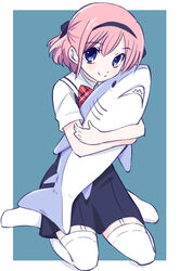  black_ribbon blue_eyes blue_skirt blush closed_mouth commentary_request female fish grisaia_(series) grisaia_no_kajitsu hairband holding holding_stuffed_toy komine_sachi looking_at_viewer pink_hair pleated_skirt ribbon school_uniform shark short_hair short_sleeves skirt smile solo stuffed_animal stuffed_shark stuffed_toy thighhighs tonmoh white_thighhighs 