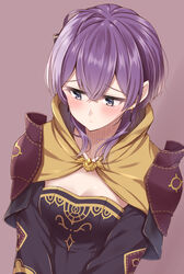  bernadetta_von_varley black_dress blush breasts brown_background cleavage commentary_request dress earrings female fire_emblem fire_emblem:_three_houses grey_eyes hair_between_eyes jewelry jiino purple_hair short_hair simple_background small_breasts solo tassel tassel_earrings upper_body 