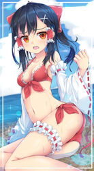  bikini black_hair blue_sky bow breasts cleavage cloud commentary day detached_sleeves feet_out_of_frame female hair_ornament hair_tubes hairbow hairclip hakurei_reimu highres horizon looking_at_viewer medium_breasts medium_hair navel ocean open_mouth outdoors partially_submerged red_bikini red_bow red_eyes ribbon-trimmed_sleeves ribbon_trim sitting sky solo sweat swimsuit thigh_strap touhou uumaru wide_sleeves yokozuwari 