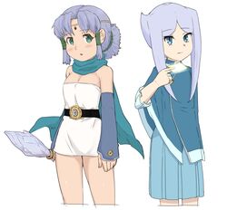  2girls blue_eyes blush breasts circlet closed_mouth dragon_quest dragon_quest_monsters dragon_quest_monsters_plus dress future_card_buddyfight green_eyes grey_hair hair_tubes looking_at_viewer marumo multiple_girls nyonn24 open_mouth purple_hair scarf short_dress short_hair_with_long_locks short_ponytail simple_background sofia_sakharov strapless strapless_dress white_background 