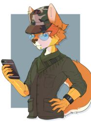  2021 absurd_res anthro artyom_the_dhole border brown_nose camo camo_clothing camo_hat camo_headgear camo_headwear camo_print canid canine cardiac_monitor cellphone cheek_tuft claws clock clothed clothing combat_shirt dhole ear_piercing electronics eyewear facial_piercing facial_tuft front_view glasses green_clothing green_kerchief green_neckerchief green_shirt green_topwear grey_background hair half-length_portrait hat headgear headwear hi_res holding_cellphone holding_object holding_phone holding_smartphone holding_waist kerchief lip_piercing looking_at_smartphone male mammal medical_instrument neckerchief orange_hair pattern_clothing pattern_hat pattern_headgear pattern_headwear phone piercing portrait ricky945 scientific_instrument shemagh shirt simple_background smartphone smartwatch smile snakebite_piercing solo topwear tuft uniform watch white_border yellow_claws 