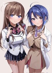  2girls adjusting_bow black_shirt blazer blue_eyes blue_hair blush bow bowtie braid breasts brown_hair brown_jacket brown_skirt buttons chigusa_minori collared_shirt commentary_request corrupted_twitter_file cowboy_shot crossover cuffs double-breasted hair_ornament hairclip hands_on_own_chest highres himeno_akira hokenshitsu_no_otona_na_senpai_ore_no_mae_deha_sugu_dereru jacket jitsuha_imouto_deshita. lab_coat large_breasts long_hair looking_at_viewer medium_breasts miniskirt multiple_girls necktie plaid plaid_bow plaid_bowtie plaid_skirt purple_necktie school_uniform shirase_yuzuki shirt short_hair skirt smile white_jacket white_shirt 