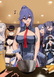  6+girls :d azur_lane bad_food bare_shoulders belt bikini bikini_top_only black_bikini black_coat black_gloves black_shirt blonde_hair blue_cloak blue_dress blue_eyes blue_hair bon_homme_richard_(azur_lane) bowl breasts brown_belt brown_eyes candy chocolate chocolate_bar chocolate_making cleavage cloak closed_eyes clothes_writing coat collarbone collared_dress commentary_request covering_another&#039;s_eyes cowboy_hat cowboy_shot cross cross_earrings disgust dress earrings essex_(azur_lane) fingerless_gloves flour flying_sweatdrops food front-tie_bikini_top front-tie_top gameplay_mechanics gloves green_eyes grey_hair hair_between_eyes hat high_collar highres holding holding_bowl holding_whisk hornet_(azur_lane) hornet_ii_(azur_lane) indoors intrepid_(azur_lane) jewelry large_breasts long_hair long_sleeves low_neckline marshall_k mixing_bowl multiple_girls musical_note navel necktie no_coat open_clothes open_coat open_mouth parted_bangs ponytail red_necktie scared shirt short_hair short_hair_with_long_locks short_shorts shorts shrug_(clothing) sidelocks sleeveless sleeveless_dress smile standing stomach strapless strapless_dress sweat swimsuit thighhighs ticonderoga_(azur_lane) torpedo_tempura twintails two_side_up very_long_hair whisk whisking white_dress white_hair yellow_belt yellow_eyes yorktown_(azur_lane) yorktown_ii_(azur_lane) zipper_pull_tab 