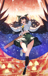  absurdres arm_cannon arm_up belt bird_wings black_footwear black_hair black_socks black_wings bow commentary feathered_wings female frilled_skirt frills green_bow green_skirt hair_between_eyes hairbow highres index_finger_raised kneehighs long_hair midriff_peek miniskirt mont_blanca open_mouth reiuji_utsuho shirt shoes short_sleeves single_kneehigh single_sock skirt socks solo third_eye touhou weapon white_shirt wings yellow_eyes 