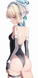  absurdres ass black_gloves blonde_hair blue_archive blue_bow blue_eyes blue_halo blue_ribbon bow braid breasts bun_cover elbow_gloves female fingerless_gloves from_behind gloves hair_bun hair_ribbon half_up_braid halo highres leotard lnji_(rnlwls34) looking_at_viewer maid_headdress ribbon short_hair single_hair_bun small_breasts solo thighs toki_(blue_archive) white_background 