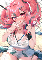  azur_lane bangs bare_shoulders black_bra blush bow bra breasts bremerton_(azur_lane) bremerton_(scorching-hot_training)_(azur_lane) cleavage crop_top crop_top_overhang embarrassed eyebrows_visible_through_hair female grey_hair hair_between_eyes hair_grab hair_ornament hairbow hairclip heart heart_necklace kohanayuki large_breasts long_hair looking_at_viewer mole mole_on_breast mole_under_mouth multicolored_hair open_mouth outdoors pink_hair see-through sitting sportswear streaked_hair tennis_uniform twintails two-tone_hair two-tone_shirt two-tone_skirt underwear wet wet_clothes x_hair_ornament 