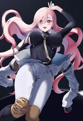  absurdres arm_up black_bodysuit blush bodysuit breasts covered_navel earrings feet_out_of_frame female girls&#039;_frontline hair_ornament hairpin highres jewelry large_breasts long_hair long_sleeves looking_at_viewer mole mole_under_eye official_alternate_costume open_mouth parted_lips pink_eyes pink_hair saiun_sigma sig_mcx_(girls&#039;_frontline) sig_mcx_(trans-dimensional_sentinel)_(girls&#039;_frontline) smile solo space spacesuit spade_(shape) spade_earrings starry_background teeth torn_bodysuit torn_clothes upper_teeth_only 