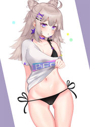  aa-12_(girls&#039;_frontline) aa-12_(smokeless_lollipop)_(girls&#039;_frontline) ahoge arm_behind_back ass_visible_through_thighs bags_under_eyes bikini black_bikini blunt_bangs breasts bright_pupils brown_hair candy choker cla_(finesoda) cleavage clothes_writing collarbone commentary_request cone_hair_bun cowboy_shot double_bun dutch_angle earrings eating female food food_in_mouth girls&#039;_frontline hair_bun hair_ornament highres jewelry korean_commentary lollipop long_hair looking_at_viewer medium_breasts off_shoulder photoshop_(medium) purple_choker shirt short_sleeves side-tie_bikini_bottom single_bare_shoulder solo star_(symbol) star_earrings swimsuit thigh_gap two-tone_background white_shirt x_hair_ornament 