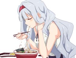  blunt_bangs breasts chopsticks closed_eyes eating female food grey_hair hair_intakes hairband hand_in_own_hair highres holding holding_chopsticks idolmaster idolmaster_(classic) idolmaster_million_live! ito_(itokayu) large_breasts light_blush long_hair noodles profile ramen shijou_takane shirt simple_background sleeveless sleeveless_shirt solo upper_body white_background 