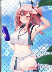  armpits azur_lane bare_legs bare_shoulders blue_sky blurry blurry_foreground blush bottle breasts bremerton_(azur_lane) bremerton_(scorching-hot_training)_(azur_lane) chain-link_fence cleavage closed_mouth cloud collarbone collared_shirt commentary cowboy_shot crop_top crop_top_overhang day female fence foshu green_skirt grey_hair groin hair_between_eyes hair_intakes hair_ornament hairclip hand_up heart heart_necklace highres holding holding_bottle jewelry large_breasts lens_flare long_hair looking_to_the_side midriff mole mole_under_eye multicolored_hair navel necklace nose_blush official_alternate_costume outdoors pink_eyes pink_hair shirt shoes sidelocks skirt sky sleeveless sleeveless_shirt sneakers solo sportswear standing standing_on_one_leg streaked_hair sweat tennis_uniform twintails two-tone_hair two-tone_shirt two-tone_skirt water_bottle white_shirt white_skirt wristband x_hair_ornament 