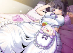  apron blush bra breasts brown_horns closed_mouth commentary_request demon_girl demon_horns feet_out_of_frame female frilled_apron frills holding holding_bra holding_clothes holding_underwear horns large_breasts light_particles looking_at_viewer lying medium_bangs miso_panda naked_apron nanashi_inc. nose_bubble on_back on_bed panties pillow pink_bra pink_panties purple_eyes purple_hair saionji_mary short_hair smile solo split_mouth two-piece_apron underwear virtual_youtuber white_apron 