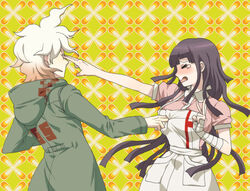  1boy apron bandaged_arm bandages black_hair blush breast_poke breasts closed_eyes danganronpa_(series) danganronpa_2:_goodbye_despair dosugon eye_poke female green_jacket hood hood_down hooded_jacket jacket komaeda_nagito large_breasts long_hair long_sleeves open_mouth pink_shirt poking shirt short_sleeves straight tsumiki_mikan white_apron yellow_background 