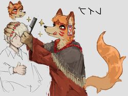  4:3 accessory anon2000000 anthro asian_clothing asian_mythology blonde_hair brown_body brown_fur brush brushing brushing_hair canid canine chest_tuft claws clothed clothing digital_media_(artwork) digital_painting_(artwork) duo ear_piercing ear_tag east_asian_mythology female fox fur gesture grey_background hair hairbrush hand_gesture hi_res holding_brush holding_hairbrush holding_object human inner_ear_fluff interspecies japanese_mythology japanese_text jewelry looking_at_another male male/female mammal mythology neck_tuft necklace orange_body orange_fur personal_grooming piercing poncho red_body red_claws red_clothing red_fur shirt simple_background smile social_grooming sparkles styling_hair tassle teeth text thumbs_up tongue tongue_out topwear tuft white_body white_fur white_skin yellow_eyes young 