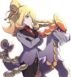  black_gloves black_pants blonde_hair buttons closed_mouth commentary_request crossed_arms cynthia_(pokemon) cynthia_(sygna_suit)_(pokemon) eyelashes female gloves grey_eyes grey_jacket hair_ornament hair_over_one_eye high_ponytail highres jacket kommo-o long_hair long_sleeves official_alternate_costume pants pokemon pokemon_(creature) pokemon_masters_ex red_shirt shirt split_mouth white_background yunoru 