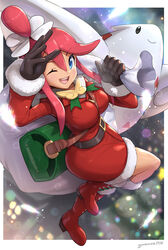  alternate_costume artist_name belt between_breasts black_belt black_gloves blue_eyes blurry bokeh boots breasts carrying_over_shoulder christmas commentary depth_of_field dress feathers female full_body fur-trimmed_boots fur-trimmed_gloves fur_trim gift_bag gloves gonzarez hair_between_eyes highres large_breasts long_hair looking_at_viewer official_alternate_costume one_eye_closed open_mouth pink_hair pokemon pokemon_(creature) pokemon_masters_ex red_dress red_footwear santa_dress short_dress sidelocks signature skyla_(holiday_2020)_(pokemon) skyla_(pokemon) smile strap_between_breasts tan taut_clothes thighs togekiss topknot 