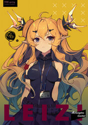  1988 ahoge arknights armband bangs bare_shoulders black_dress blonde_hair blue_eyes breasts character_name copyright_name double_bun dress female gradient gradient_background hair_between_eyes highres horns id_card leizi_(arknights) long_hair looking_at_viewer medium_breasts mongarit pointy_ears sleeveless sleeveless_dress solo squiggle very_long_hair yellow_background 