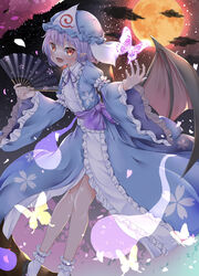  :d bat_wings blue_hat blue_kimono blush bug butterfly center_frills commentary_request cosplay eyebrows_hidden_by_hair feet_out_of_frame female flat_chest floral_print frills glowing hand_fan hand_up hands_up hat highres hitodama holding holding_fan japanese_clothes kimono long_sleeves looking_at_viewer mob_cap moon night night_sky oerba_yun_fang open_mouth orange_moon pointy_ears purple_hair red_eyes remilia_scarlet remitei03 saigyouji_yuyuko saigyouji_yuyuko_(cosplay) short_hair sky slit_pupils smile solo star_(sky) starry_sky touhou triangular_headpiece wide_sleeves wings 