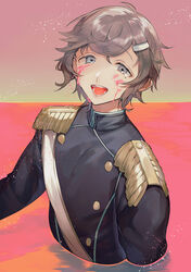  1boy black_jacket brown_hair epaulettes grey_eyes jacket kanae_(nijisanji) kotobuki_(medetai) long_sleeves male_focus mole mole_under_eye nijisanji open_mouth pink_liquid short_hair smile solo virtual_youtuber wading 