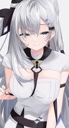  absurdres asymmetrical_bangs between_breasts blue_eyes braid braided_bangs breasts center_opening closed_mouth dress earrings enri_madoka female grey_hair hair_between_eyes highres hololive hololive_indonesia jewelry keyhole long_hair looking_at_viewer medium_breasts single_earring solo upper_body vestia_zeta vestia_zeta_(1st_costume) virtual_youtuber white_dress 