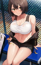  absurdres azur_lane baltimore_(azur_lane) baltimore_(black_ace)_(azur_lane) bare_shoulders black_jacket black_shorts blush braid breasts brown_eyes brown_hair chain-link_fence cleavage commentary_request female fence hair_between_eyes highres jacket large_breasts looking_at_viewer motono_(sakamotono) navel off_shoulder official_alternate_costume photoshop_(medium) see-through see-through_sports_bra short_hair short_shorts shorts sitting skirt smile solo sports_bra sportswear sweatdrop wet_bra white_sports_bra yellow_eyes 