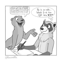  2020 4_fingers anthro duo english_text eye_contact felix_(nik159) fingers hi_res holding_object holding_pen holding_writing_utensil humor looking_at_another male mammal monochrome mustelid nik_(nik159) nikraccoom open_mouth otter pen procyonid raccoon speech_bubble text thought_bubble writing_utensil 