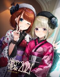  2021 2girls black_nails blush bonnet brown_hair choker commentary_request enpera_(jdud8375) happy_new_year highres japanese_clothes kimono looking_at_viewer multiple_girls nail_polish one_eye_closed open_mouth original short_hair smile v white_hair 