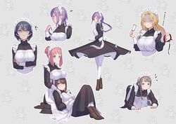  6+girls all_fours animal_collar apron arms_under_breasts black_dress blonde_hair blush boots borrowed_character breast_rest breasts breasts_on_head brown_eyes brown_footwear brown_hair closed_mouth collar crossed_arms disgust dress eyewear_on_head flying_sweatdrops furrowed_brow glasses green_eyes highres holding holding_collar holding_own_hair holding_rattle kazu_no_reason large_breasts long_hair long_sleeves looking_at_viewer low_ponytail maid maid_apron maid_headdress medium_breasts multiple_girls multiple_views original pantyhose pink_hair purple_hair rattle shaded_face short_hair smile white_pantyhose 