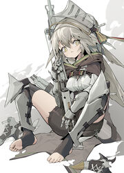  absurdres arknights armor armored_boots black_cape black_shorts black_thighhighs boots breasts cape crossbow fartooth_(arknights) feather_hair female full_body gauntlets grey_hair hair_between_eyes helmet highres holding holding_crossbow holding_weapon iyasu_shikaku long_hair looking_at_viewer medium_breasts shin_guards shirt shorts sitting solo spread_legs stirrup_legwear thighhighs thighs toeless_legwear toes unworn_boots visor_(armor) weapon white_background white_shirt yellow_eyes 