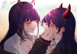  2girls akuma_nihmune akuma_nihmune_(1st_costume) blurry blush bokeh breasts cleavage closed_mouth collar commentary commission depth_of_field ear_blush ear_piercing english_commentary fake_horns hair_ornament hairclip heart_o-ring horns indie_virtual_youtuber looking_at_another looking_away looking_to_the_side mikan_(chipstar182) multiple_girls parted_lips piercing purple_hair selfcest skeb_commission squinting teeth virtual_youtuber yuri 