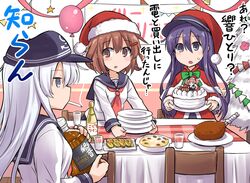  3girls absurdres akatsuki_(kancolle) alcohol anchor_symbol atlanta_(kancolle) black_hair black_sailor_collar blue_eyes brown_hair cake capelet christmas_tree cigarette commentary flat_cap food fur-trimmed_capelet fur-trimmed_headwear fur_trim hair_ornament hairclip hat hibiki_(kancolle) hibiki_(whisky) highres ikazuchi_(kancolle) kantai_collection kokutou_nikke long_hair mouth_hold multiple_girls name_connection neckerchief object_namesake party purple_eyes red_capelet red_hair red_neckerchief sailor_collar santa_hat school_uniform serafuku short_hair smoking table translated turkey_(food) whiskey white_hair 