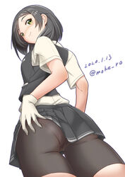  ass bike_shorts black_hair black_shorts black_skirt black_vest check_commentary commentary commentary_request cowboy_shot dated female from_below gloves hair_ornament hairclip kantai_collection kuroshio_(kancolle) kuroshio_kai_ni_(kancolle) looking_at_viewer looking_back moke_ro panties_under_bike_shorts pantylines pleated_skirt school_uniform shirt short_hair short_sleeves shorts shorts_under_skirt simple_background skirt smile solo standing twitter_username vest white_background white_gloves white_shirt 