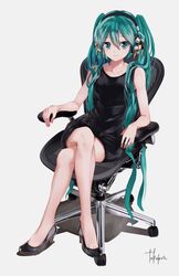  aqua_eyes aqua_hair armrest bare_shoulders black_dress black_footwear chair collarbone commentary crossed_legs dress english_commentary female grey_background hatsune_miku headphones high_heels highres long_hair looking_at_viewer office_chair signature sitting sleeveless sleeveless_dress smile solo swivel_chair takepon1123 toe_cleavage twintails very_long_hair vocaloid 