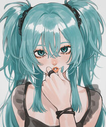  absurdres aqua_eyes aqua_hair aqua_nails black_dress blurry bracelet chains cropped_torso depth_of_field dress female hair_between_eyes hair_ornament hatsune_miku highres itou_(very_ito) jewelry long_hair looking_at_viewer puckered_lips ring sidelocks solo twintails vocaloid white_background 