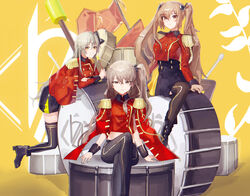  3girls 404_logo_(girls&#039;_frontline) absurdres black_bow black_footwear black_pants black_skirt black_thighhighs boots bow breasts brown_eyes brown_hair closed_mouth crossed_legs drum drumsticks epaulettes ggab0621 girls&#039;_frontline hairbow highres holding holding_drumsticks instrument jacket korean_commentary light_brown_hair long_hair looking_at_viewer marching_band medium_breasts multiple_girls official_alternate_costume one_side_up pants red_eyes red_jacket scar scar_across_eye scar_on_face shoes sitting skirt small_breasts smile thighhighs twintails ump40_(girls&#039;_frontline) ump40_(kleines_ritornello)_(girls&#039;_frontline) ump45_(girls&#039;_frontline) ump45_(penrose_spiral)_(girls&#039;_frontline) ump9_(bolero_dance_bird)_(girls&#039;_frontline) ump9_(girls&#039;_frontline) uniform yellow_background 