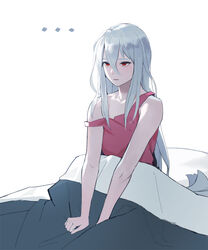  ... alternate_costume arknights bad_id bad_twitter_id bare_shoulders blanket breasts collarbone commentary dongho_kang english_commentary female grey_hair hair_between_eyes long_hair on_bed pale_skin pink_tank_top red_eyes simple_background sitting skadi_(arknights) solo strap_slip tank_top v_arms white_background 