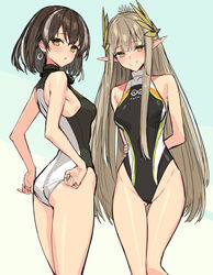  2girls alternate_costume arknights arms_behind_back black_one-piece_swimsuit blush breasts brown_hair covered_navel cowboy_shot earrings feather_hair_ornament feathers gradient_background groin hair_ornament highres jewelry long_hair looking_at_viewer magallan_(arknights) medium_breasts muelsyse_(arknights) multicolored_hair multiple_girls one-piece_swimsuit open_mouth pointy_ears rhine_lab_logo short_hair sigm@ smile streaked_hair swimsuit teeth very_long_hair yellow_eyes 