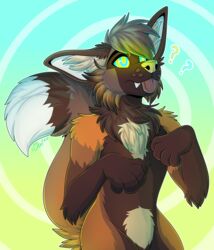  2020 anthro begging begging_pose brown_body brown_fur canid canine citrinelle digital_media_(artwork) fur green_nose hi_res hypnosis male mammal mind_control pose question_mark ringed_eyes solo spiral tongue tongue_out 