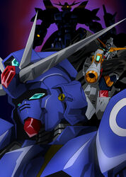  aiming amakusa_(mobile_suit) blue_eyes cloak crossbone_gundam crossbone_gundam_x-1 f91_gundam_harrison_custom glowing glowing_eyes gun gundam highres holding holding_gun holding_weapon mecha mobile_suit no_humans one-eyed robot science_fiction skull_and_crossbones tyuuboutyauyo v-fin weapon yellow_eyes 