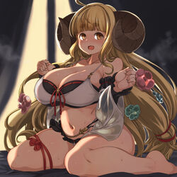  :d ahoge anila_(granblue_fantasy) anila_(summer)_(granblue_fantasy) barefoot bikini blonde_hair blunt_bangs blush breasts commentary_request detached_sleeves draph female granblue_fantasy hair_ornament horns kawacchi_hirohiro large_breasts long_hair looking_at_viewer navel official_alternate_costume open_mouth ribbon-trimmed_bikini ribbon-trimmed_sleeves ribbon_trim sheep_horns short_eyebrows sitting smile solo swimsuit thick_eyebrows very_long_hair wariza white_bikini yellow_eyes 