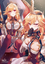  artist_name azur_lane bandaid bare_shoulders black_gloves breasts cleavage cleavage_cutout clothing_cutout commentary_request commission crown dress female flag fleur-de-lis french_flag gloves hickey highres holding holding_flag juliet_sleeves large_breasts lipstick_mark long_hair long_sleeves multiple_views mumu_(bloody_johnson) orange_hair pink_eyes pixiv_commission puffy_sleeves red_thighhighs richelieu_(azur_lane) short_dress sitting striped striped_sleeves thigh_strap thighhighs underbust vertical-striped_sleeves vertical_stripes white_dress 