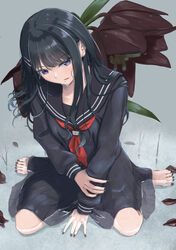  \||/ absurdres barefoot between_legs black_hair black_nails black_sailor_collar black_serafuku black_shirt black_skirt brown_flower collared_shirt female flower grey_background hair_ornament hairclip hand_between_legs hand_on_ground hand_on_own_arm highres holding_own_arm idolmaster idolmaster_shiny_colors kamchatka_lily kazano_hiori lily_(flower) long_hair long_sleeves miniskirt mole mole_under_mouth nail_polish neckerchief open_mouth oversized_flower petals pleated_skirt purple_eyes red_neckerchief sailor_collar sailor_shirt school_uniform serafuku shirt sitting skirt solo toenail_polish toenails umirororo wariza 