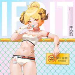  absurdres against_fence arknights arm_strap armpits ass_visible_through_thighs bandaged_hand bandages bare_shoulders bikini blonde_hair blush breasts bright_pupils candy chain-link_fence character_name chinese_commentary chinese_text chromatic_aberration collar collarbone cowboy_shot english_text female fence food gradient_hair highres holding holding_food horns ifrit_(arknights) ifrit_(sunburn)_(arknights) licking lollipop looking_at_viewer material_growth mixed-language_commentary multicolored_hair navel official_alternate_costume orange_collar orange_eyes orange_hair orange_nails oripathy_lesion_(arknights) parted_bangs revision short_hair sign simplified_chinese_text slit_pupils small_breasts solo stomach strapless strapless_bikini swimsuit text_background tongue tongue_out v-shaped_eyebrows white_bikini zhengqi_zhizi_sg 