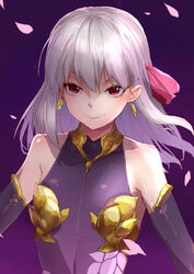  absurdres armlet bare_shoulders breasts closed_mouth collar detached_sleeves dress earrings fate/grand_order fate_(series) female floral_print gradient_background hair_ribbon highres jewelry kama_(fate) kama_(second_ascension)_(fate) long_hair looking_at_viewer metal_collar petals pink_ribbon purple_background purple_dress purple_sleeves ribbon sao7 small_breasts smile solo white_hair 