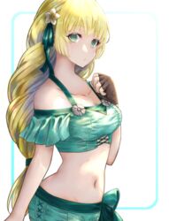  alternate_costume bare_shoulders bikini black_gloves blonde_hair breasts commentary female fingerless_gloves fire_emblem fire_emblem:_three_houses fire_emblem_heroes flower gloves green_bikini green_eyes green_ribbons hair_flower hair_ornament hair_ribbon hand_up highres howaito_gyuunyuu ingrid_brandl_galatea ingrid_brandl_galatea_(summer) long_hair looking_at_viewer medium_breasts navel off-shoulder_bikini off_shoulder ribbon short_sleeves solo stomach swimsuit upper_body white_background 