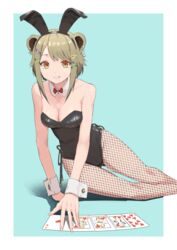  animal_ears animare bare_shoulders bear_ears black_leotard bow bowtie breasts brown_hair card cleavage commentary detached_collar fake_animal_ears feet_out_of_frame female fishnet_pantyhose fishnets hair_ornament hairclip highres kazu_no_reason konan_mia leotard looking_at_viewer medium_breasts nanashi_inc. orange_eyes pantyhose playboy_bunny playing_card rabbit_ears red_bow red_bowtie short_hair smile solo strapless strapless_leotard teeth virtual_youtuber wrist_cuffs x_hair_ornament 